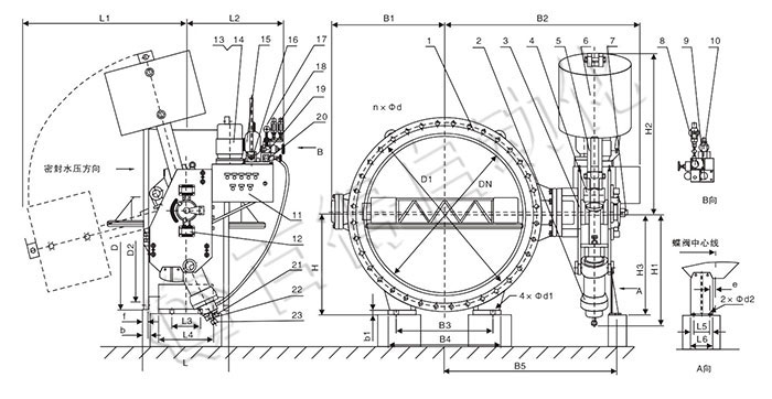 重錘式自動(dòng)保壓液控緩閉止回蝶閥外形及連接尺寸圖（DN≥600）